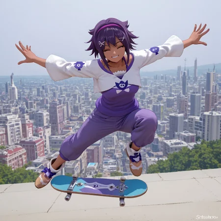 freebo_kickflip, high quality, absurdres, 4k res, masterpiece, black skateboard, solo, jumping, air, source_anime, score_7_and_up, good hands, good eyes, 1girl, himari_digimon, tan skin, purple hair, purple eyes, sci-fi, city background, smiling, eyes closed