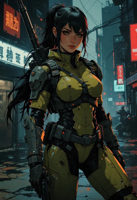magnificent, closeup portrait, female bounty hunter, braided black hair, futuristic armor, halo spartan, spartan armor, sexy, curvy, large breasts, large ass, guns, gun, gun on back, gun in hand, Cyberpunk City, Neon Lights, foreshortening,
looking at viewer, solo, 
Cowboy Shot, close up, from above,