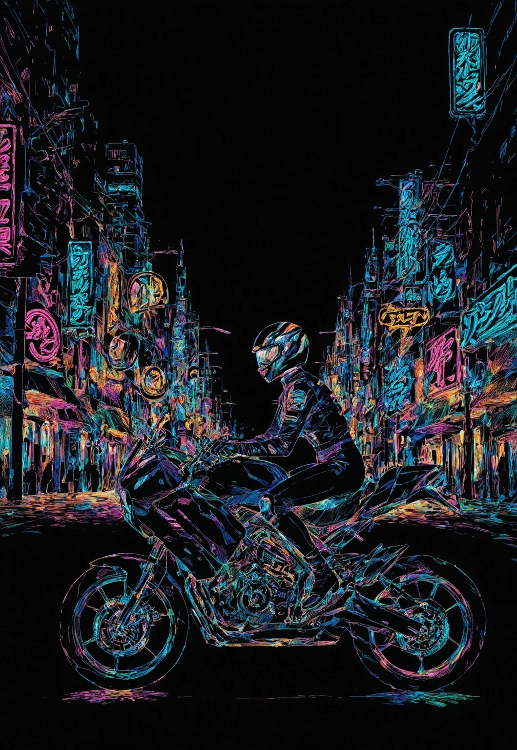 colorful, black background, hatching \(texture\),
from side, on motorcycle, full body, biker clothes, [riding],
motorcycle helmet, [covered head],
neon signs, city,
safe, masterpiece, best quality, absurdres