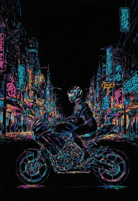 colorful, black background, hatching \(texture\),
from side, on motorcycle, full body, biker clothes, [riding],
motorcycle helmet, [covered head],
neon signs, city,
safe, masterpiece, best quality, absurdres