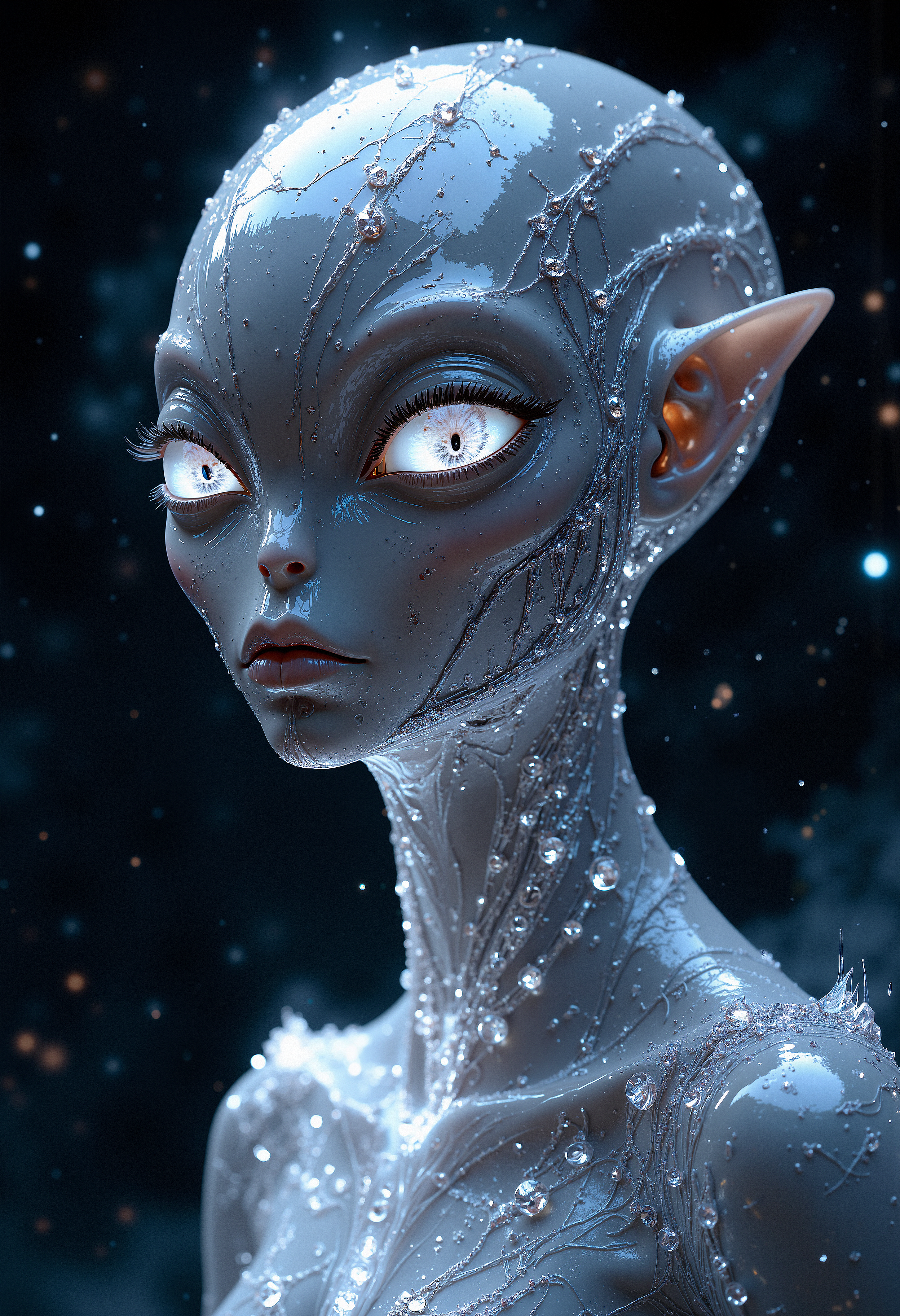 A hyper-realistic close-up of a humanoid alien being with shimmering, metallic silver skin and elongated, luminescent eyes. The being's head is slightly larger than a human's, with a smooth, featureless surface except for the glowing eyes. Its slender neck is adorned with delicate, otherworldly jewelry that seems to float slightly above the skin, shimmering with an ethereal light. The alien wears a flowing, translucent robe that appears to be made of liquid light, constantly shifting in color and form. The background is a dark, star-filled sky, with distant galaxies and nebulae visible. The lighting is soft, casting a subtle glow on the alien's skin, enhancing its otherworldly appearance. The overall mood is mysterious and surreal, with an emphasis on the alien's ethereal beauty and the vastness of space.   <lora:FluxMythP0rtr4itStyle:0.8> MythP0rt,    <lora:aidmaImageUpgrader-FLUX-V0.1:0.33> detailmaximizer, <lora:aidmaMJ6.1-FLUX-V0.1:0.6> midjourneyv6.1,