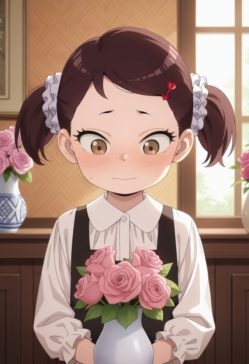 masterpiece,best quality,amazing quality, becky blackbell, female child, child, brown hair, brown eyes, short twintails, 1girl, flower, hair ornament, solo, rose, vase, hairclip, indoors, shirt, white shirt, pink flower, upper body