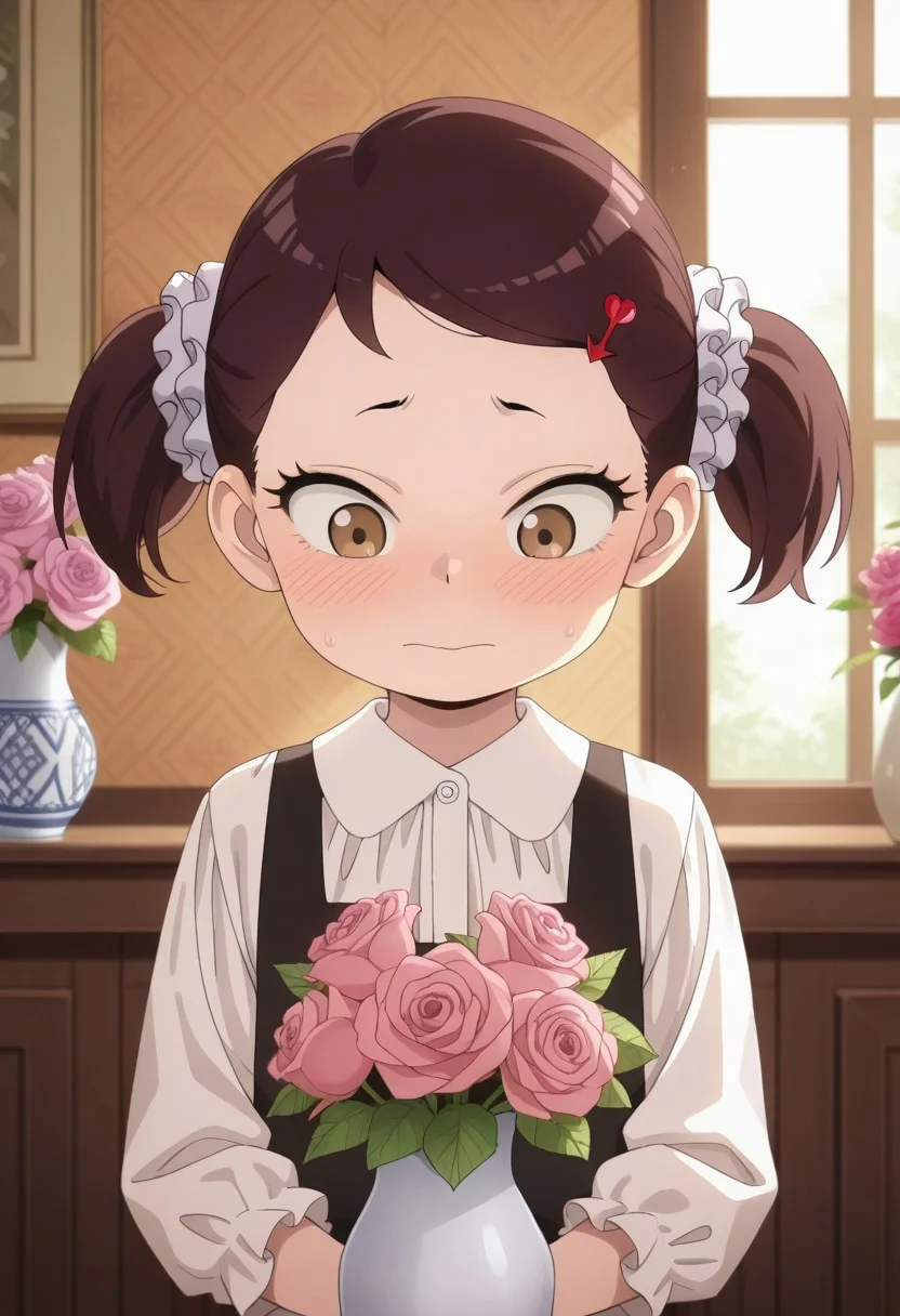 masterpiece,best quality,amazing quality, becky blackbell, female child, child, brown hair, brown eyes, short twintails, 1girl, flower, hair ornament, solo, rose, vase, hairclip, indoors, shirt, white shirt, pink flower, upper body