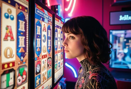 woman side profile, showered with australian money cash currency falling in front of her face, she has a wild look in her eyes like she has just won a jackpot in a very clean white room science experiment, woman of 18 years old with brunette bangs in anervous system and veins bodysuit, curly hair sitting at a modern slot machine. She has no face and only skin for a face. She is surrounded by multi colored bolts of high intensity electricity and lightning as well as holograms of futuristic cubes projecting around the room with eyeballs inside them
