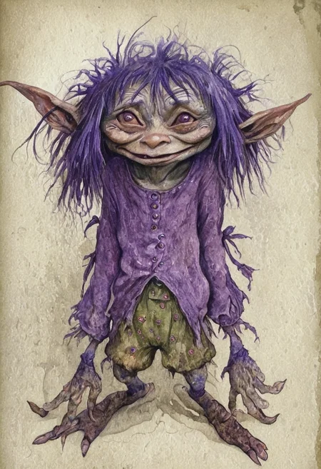 A highly detailed watercolor painting of a fantasy creature, resembling a goblin with exaggerated features such as large eyes, long fingers, and a scruffy appearance. The creature has a mischievous expression and wild, purple-tinted hair. It is wearing tattered clothes and is set against a textured, mystical background. The overall style should be reminiscent of a sketchbook illustration with a whimsical, slightly eerie atmosphere. <lora:Froud-000006:1>, <lora:Perfect Hands:0.5>