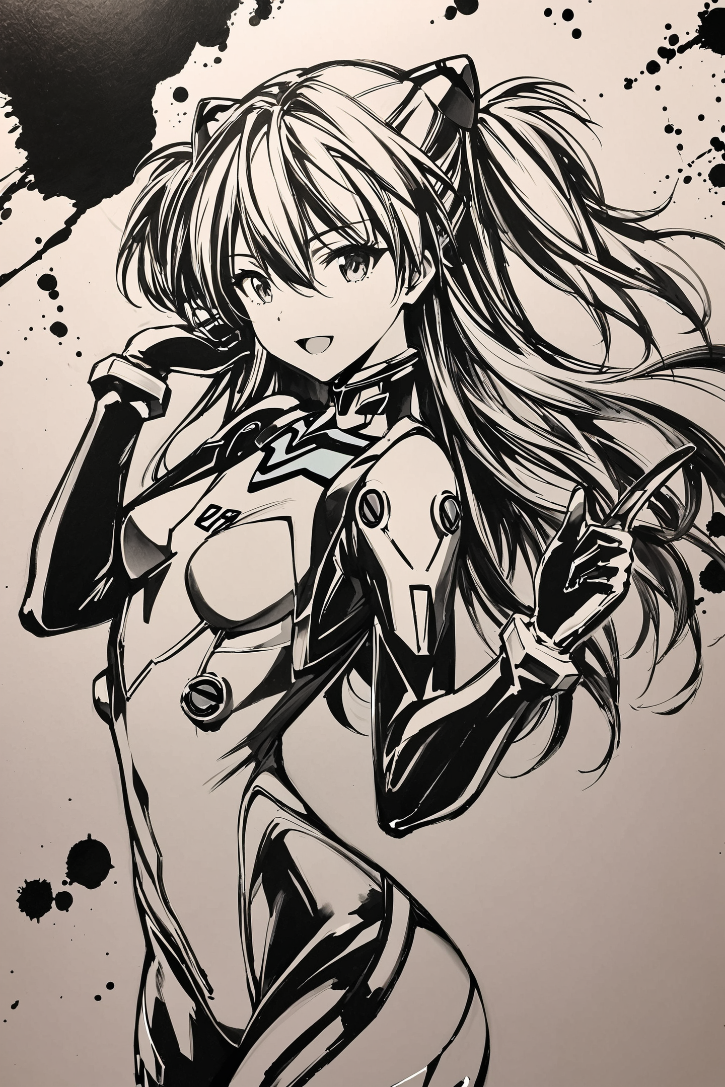 score_9,score_8_up,score_7_up,masterpiece,best quality,
monochrome,greyscale,1girl,long hair,plugsuit,bodysuit,souryuu asuka langley,pilot suit,bracer,smile,open mouth,bangs,turtleneck,solo,cowboy shot,:d,gloves,looking at viewer,headgear,two side up,adjusting hair,narrow waist,standing,hand up,hair ornament,from side,skin tight,traditional media,Ink background,
<lora:okazu_XL_PONY:0.9>,