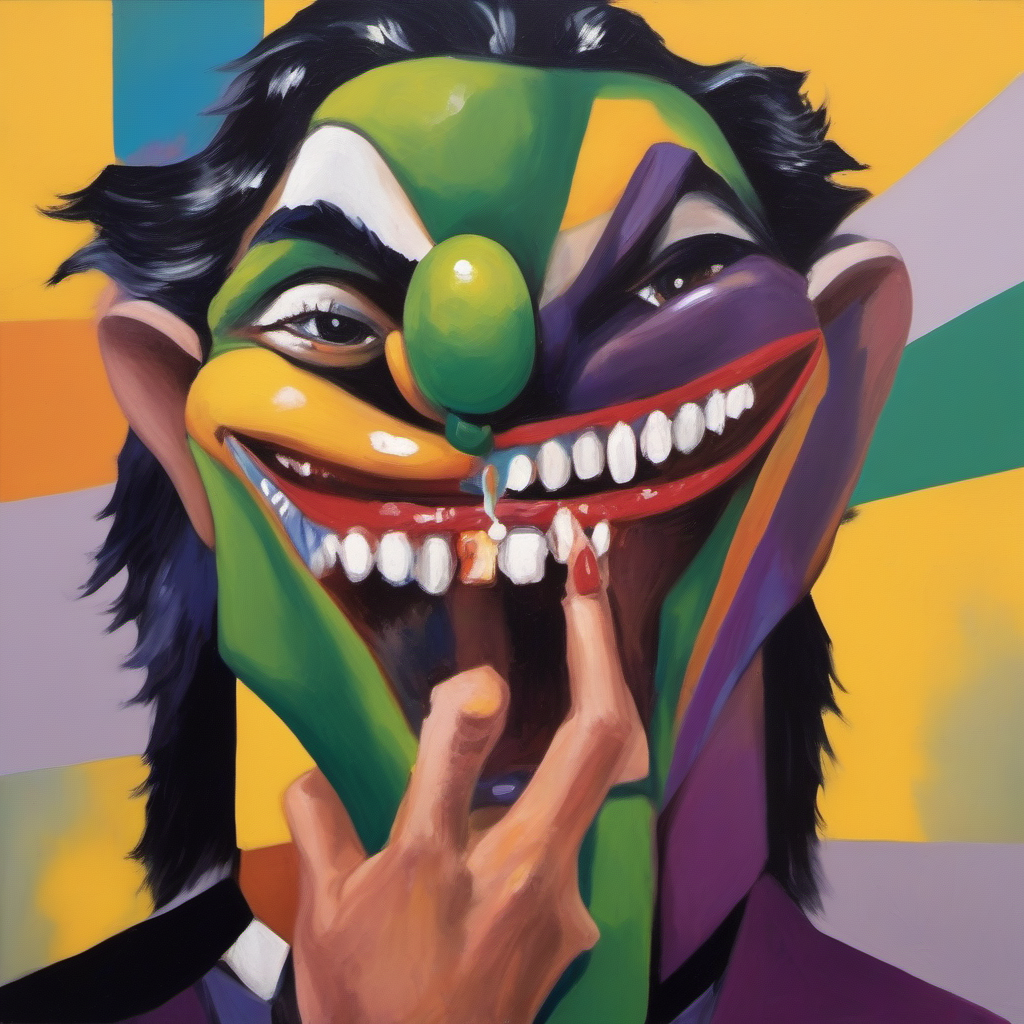 painting of the Joker with sharp teeth, George Condo Style, horror(theme),   <lora:MBTDF xl-000003:0.9>