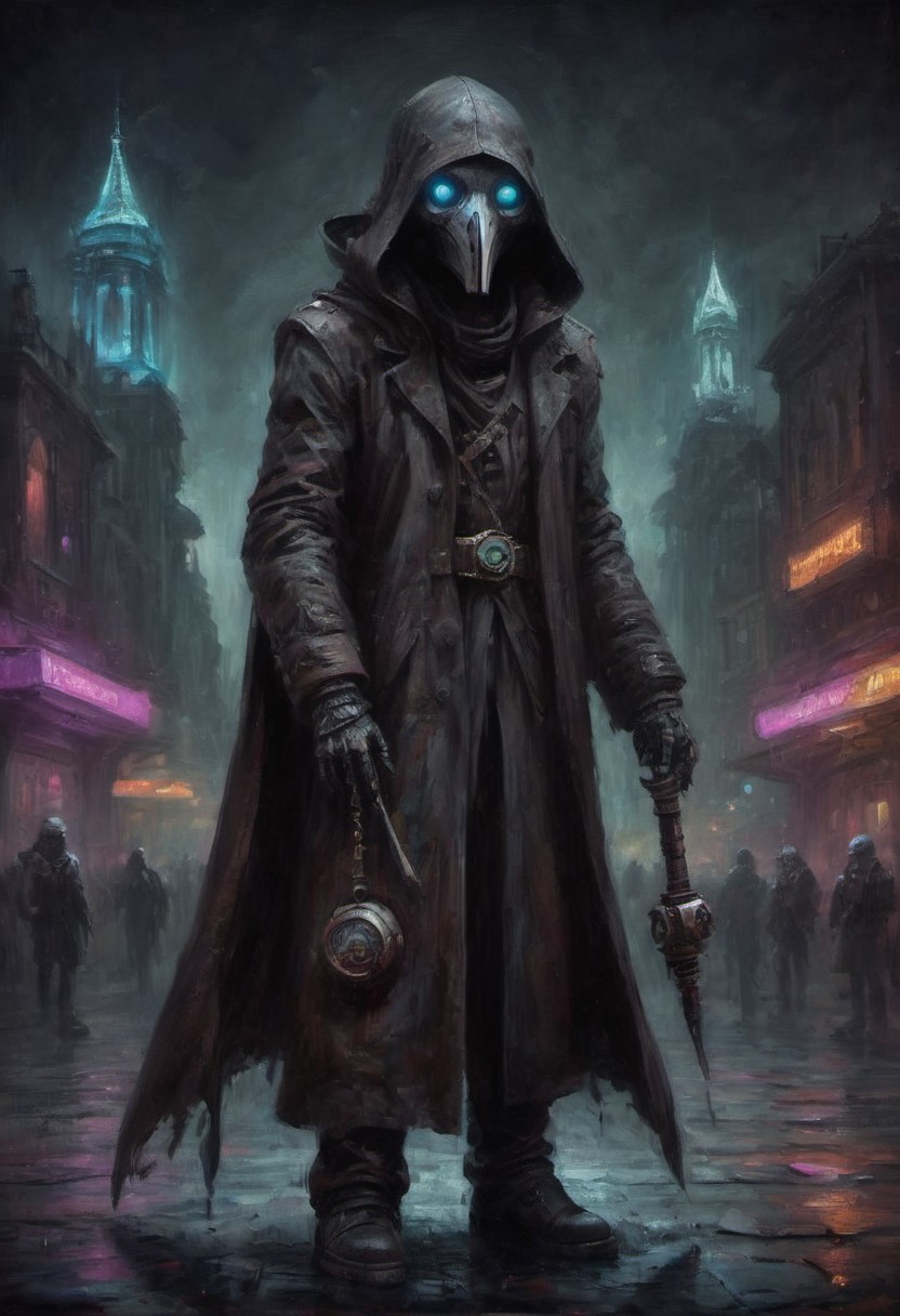 drkkaw, award winning painting of a futuristic dark plague doctor, dystopian cyberpunk city, high quality macro photo, 10k high resolution, vibrant colors, 4k high resolution, high quality macro photo