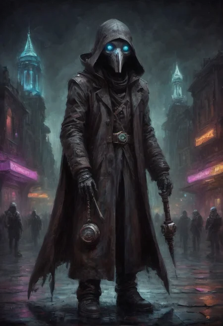 drkkaw, award winning painting of a futuristic dark plague doctor, dystopian cyberpunk city, high quality macro photo, 10k high resolution, vibrant colors, 4k high resolution, high quality macro photo