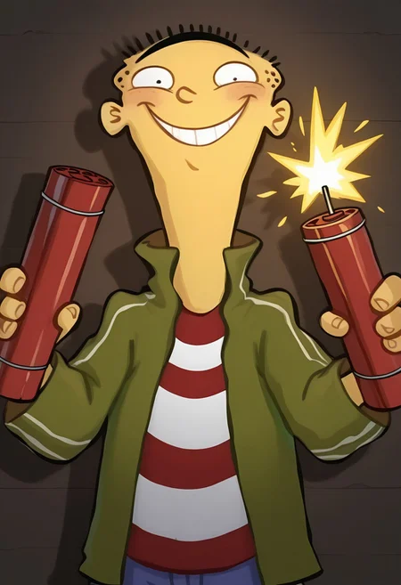 Masterpiece, best quality, 8k, newest, absurdres, highly detailed, 1boy, solo, edboi, mnbrow, green jacket, striped red and white shirt, holding dynamite, lit fuse, smiling,