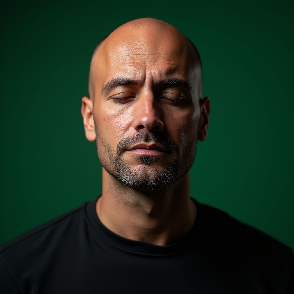 UHD, 4k, ultra detailed, cinematic, a photograph of  <lora:detailed photorealism style v3:1>
detailed photorealism style, hyperrealism art style, realistic textures, photorealistic style, Hyperrealism (visual arts), A cinematic skin texture style still image of a man with a bald head and eyes closed, detailed skin pore, film still, still photography style, sharp style, detailed style, perfect style, perfection style, Kodak film skin tone style, fujifilm skin tone style, professional photography style, skin textured, skin texture style, solo, simple background, 1boy, closed mouth, closed eyes, male focus, facial hair, portrait, facing viewer, realistic, bald, green background, epic, beautiful lighting, inpsiring