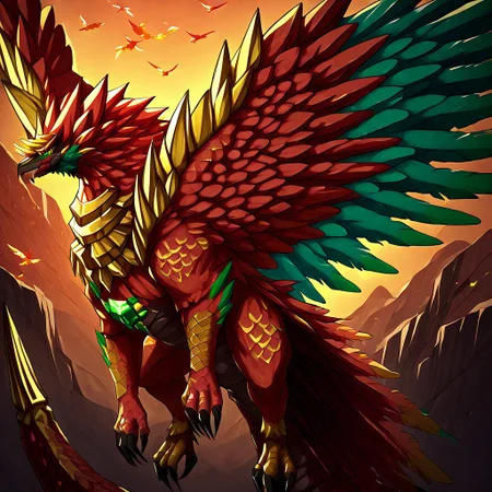 Yharon, golden horns, tail, dragon, bird, claws, no human, 4 eyes, feathered wings, talons, sharp teeth, intricate wing details, red and gold scales, glowing emerald eyes, large fiery wings with orange and green feathers,