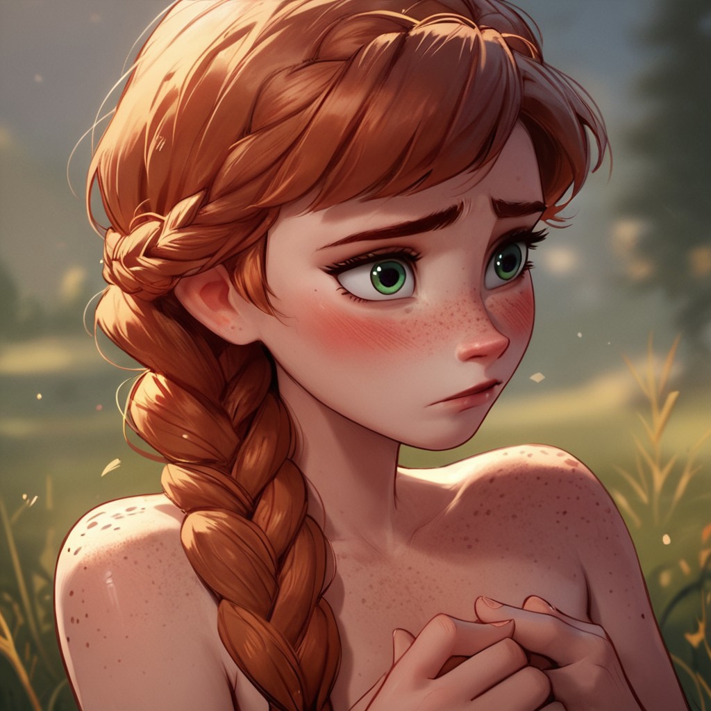 score_9, score_8_up, score_7_up, score_6_up, score_5_up, score_4_up, Anna, in a valley, freckles, braid, red hair, hair covering breasts, freckled shoulders , nude, blushing