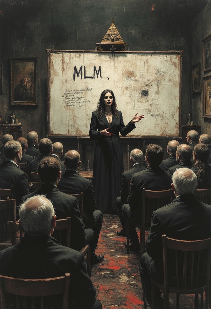 apoca1 illustration. front view of a professional evil looking woman giving a presentation to an audience of cult members. The presentation is for "MLM" with pyramid symbolism below the title.
