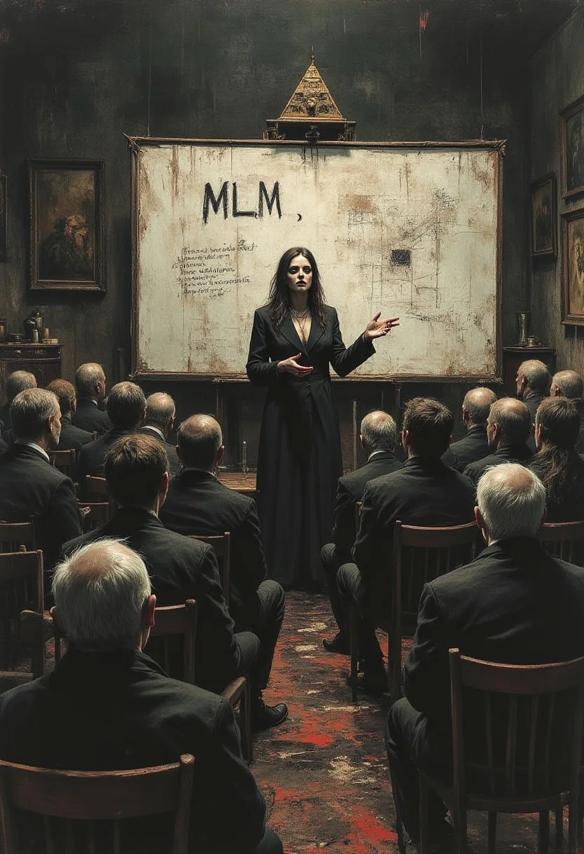 apoca1 illustration. front view of a professional evil looking woman giving a presentation to an audience of cult members. The presentation is for "MLM" with pyramid symbolism below the title.