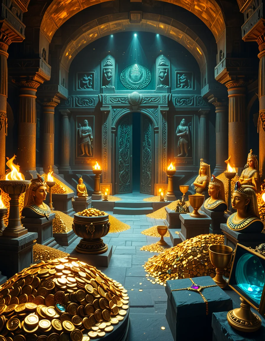 A hidden treasure chamber deep within an ancient temple, illuminated by the warm golden glow of torches and mystical blue light from enchanted crystals. The room is filled with piles of gold coins, jewel-encrusted goblets, and ancient artifacts covered in dust. Massive stone statues of forgotten deities guard the chamber, their eyes glowing faintly as if watching intruders. In the center, a grand pedestal holds a legendary artifact—an ornate golden crown encrusted with emeralds and sapphires, shimmering with an otherworldly aura. The walls are adorned with intricate carvings depicting lost civilizations, and creeping vines hint at centuries of abandonment. The atmosphere is mystical and slightly eerie, with a sense of both wonder and danger. The air is thick with the scent of aged parchment and burning incense, adding to the chamber’s ancient and mysterious feel. Cinematic lighting with dramatic shadows enhances the depth and richness of the scene, creating a visually stunning and immersive environment.
<lora:SDXLFaeTastic2400:0.4> <lora:extremely_detailed:0.4> extremely detailed, <lora:treasure_ch4mb3r:1>,treasure ch4mb3r, Masterpiece,best quality,hi res,8k,hi res,8k,award winning,(sharp focus, intricate, highly detailed),