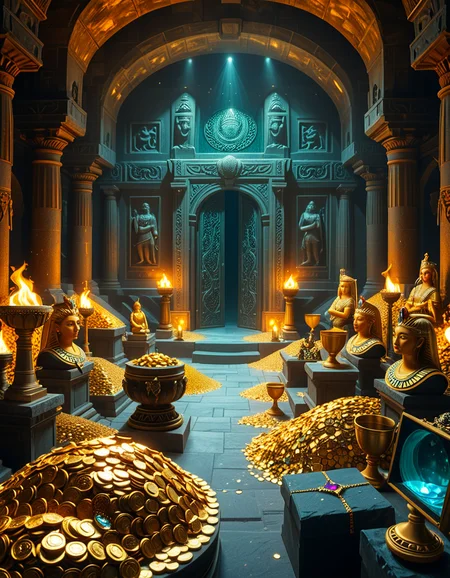 A hidden treasure chamber deep within an ancient temple, illuminated by the warm golden glow of torches and mystical blue light from enchanted crystals. The room is filled with piles of gold coins, jewel-encrusted goblets, and ancient artifacts covered in dust. Massive stone statues of forgotten deities guard the chamber, their eyes glowing faintly as if watching intruders. In the center, a grand pedestal holds a legendary artifact—an ornate golden crown encrusted with emeralds and sapphires, shimmering with an otherworldly aura. The walls are adorned with intricate carvings depicting lost civilizations, and creeping vines hint at centuries of abandonment. The atmosphere is mystical and slightly eerie, with a sense of both wonder and danger. The air is thick with the scent of aged parchment and burning incense, adding to the chamber’s ancient and mysterious feel. Cinematic lighting with dramatic shadows enhances the depth and richness of the scene, creating a visually stunning and immersive environment.
<lora:SDXLFaeTastic2400:0.4> <lora:extremely_detailed:0.4> extremely detailed, <lora:treasure_ch4mb3r:1>,treasure ch4mb3r, Masterpiece,best quality,hi res,8k,hi res,8k,award winning,(sharp focus, intricate, highly detailed),