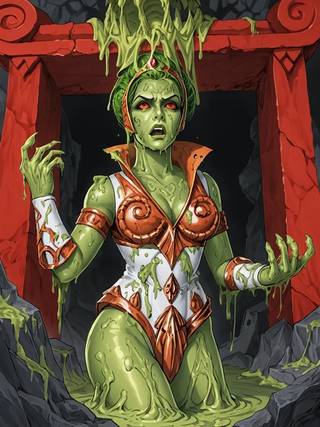 score_9, score_8_up, score_7_up,  <lora:10_motu_slime_pit:1> sl1m3 p1t, red pillars, (sl1im3 z0mbi3, evil, transformed, sl1m3 covered body:1), red eyes, red sclera, cavern,female focus, completely covered in slime, <lora:TeelaQuiron_character:1>1girl, solo,  teelaquiron, teelahemanquiron,  white eyes, empty eyes, open mouth, armor, cleavage, eyes looking up, angry, zombie walk, slime clothes, green skin