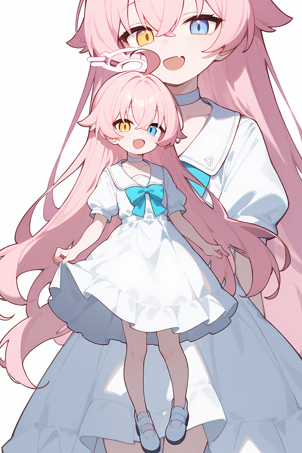 (score_9,score_8_up,score_7_up),<lora:hoshino (blue archive)-v1:1>,hoshino (blue archive),1girl,heterochromia,pink hair,long hair,dress,solo,blue eyes,white dress,halo,ahoge,yellow eyes,smile,white footwear,fang,zoom layer,short sleeves,looking at viewer,white background,open mouth,full body,bangs,hair between eyes,very long hair,white choker,simple background,:d,skin fang,puffy sleeves,