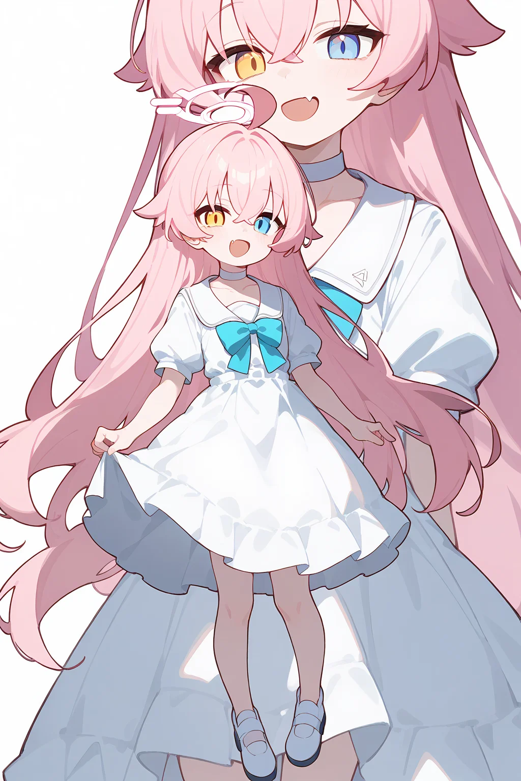 (score_9,score_8_up,score_7_up),<lora:hoshino (blue archive)-v1:1>,hoshino (blue archive),1girl,heterochromia,pink hair,long hair,dress,solo,blue eyes,white dress,halo,ahoge,yellow eyes,smile,white footwear,fang,zoom layer,short sleeves,looking at viewer,white background,open mouth,full body,bangs,hair between eyes,very long hair,white choker,simple background,:d,skin fang,puffy sleeves,