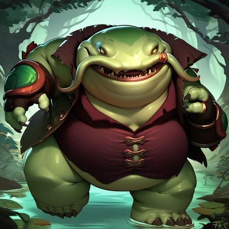 score_9, score_8_up, score_7_up, score_6_up, score_5_up, score_4_up, tahmkench, tophat, demon, catfish, green skin, yellow eyes, fat, obese, jacket, shirt, bottomless, fingerless gloves, bracers, flesh whiskers, action pose, forest background, swamp,
