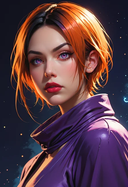 <lora:g0th1cPXL:0.5>g0th1c<lora:TradingCardsPonyXL:0.65>dsktrdcardxl,score_9, score_8_up, score_7_up, score_6_up, solo, source_comic, comic book art, fantasy art, Lenticular, dark and dim, Low Angle, (side view perspective), a woman, (ninja:1.1) woman, with metal ,amber hair, deep teal ,ultraviolet eyes, detailed eyes, with a high collar cyber (Samurai:1.1) jacket, Large linen cape ,super detailed, background is blue , surrounded by a detailed spacescape with translucent dark-amber Highlights, stunning lighting, detailed, highly vibrant, detailed, masterpiece, highly detailed, high quality, score_5_up, score_4_up,