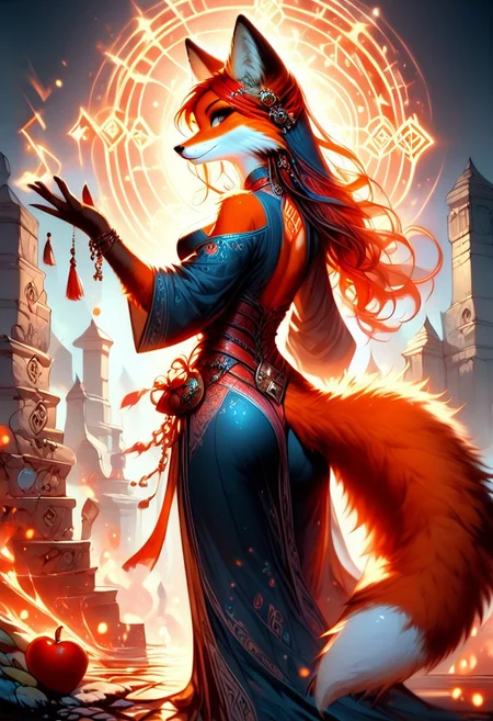 score_9, score_8_up, score_7_up, dancing dynamic pose,large breasts, slim waist, red hair, solo, anthro,fox,female,foxfolk,(red and orange fur, thick fur:1.3, extreamly detailed fur, soft fur), slim waist, peach ass, sorceress, cleavage cut out, magical robes,Glowing runes on robes, Glowing Runes ,Glowing Rune Circle, dynamic angle from back, looking back at viewer,full body image,magical athmosphere, realisitc,