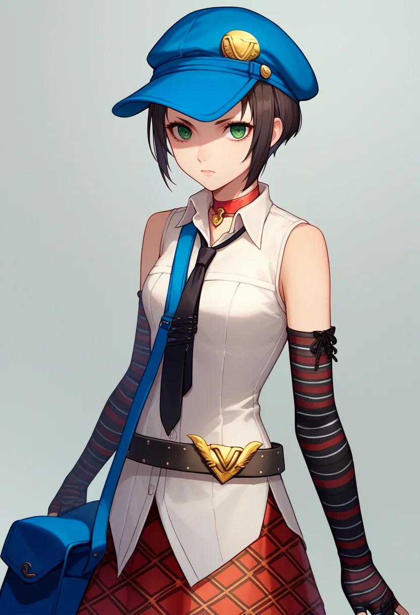 score_9, score_8_up, score_7_up, source_anime, solo, 1girl, p4marie, expressionless, looking at viewer, standing, blue headwear, cabbie hat, green eyes, striped clothes, white shirt, sleeveless shirt, black necktie, striped gloves, elbow gloves, fingerless gloves, red skirt, plaid skirt, belt, striped thighhighs, red choker, shoulder bag, bare shoulders <lora:persona4_marie_ponyXL:1>