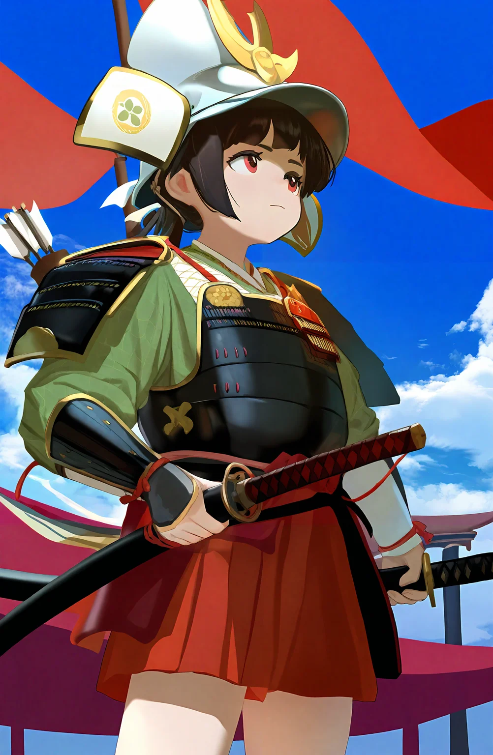 1girl, solo, brown_hair, black_hair, holding, weapon, outdoors, sky, day, cloud, sword, holding_weapon, armor, blue_sky, helmet, katana, shoulder_armor, sheath, sheathed, arrow_\(projectile\), japanese_armor, sode, banner, samurai, kusazuri, kabuto_\(helmet\)