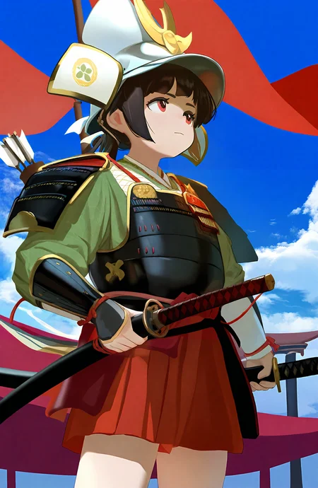 1girl, solo, brown_hair, black_hair, holding, weapon, outdoors, sky, day, cloud, sword, holding_weapon, armor, blue_sky, helmet, katana, shoulder_armor, sheath, sheathed, arrow_\(projectile\), japanese_armor, sode, banner, samurai, kusazuri, kabuto_\(helmet\)
