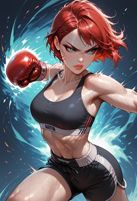 masterpiece, best quality, 32k, high resolution, absurdres,Jednvvd, vivid colors, geometric fragments, abstract patterns, 1girl, Jane, JaneRH, short red hair, swept hair, fit, medium breasts, green eyes, beautiful lips, little freckles, toned, dynamic pose, aesthetic, dynamic pose, kick boxing, sports bra, shorts, boxing gloves, punching, sweaty, badass expression,