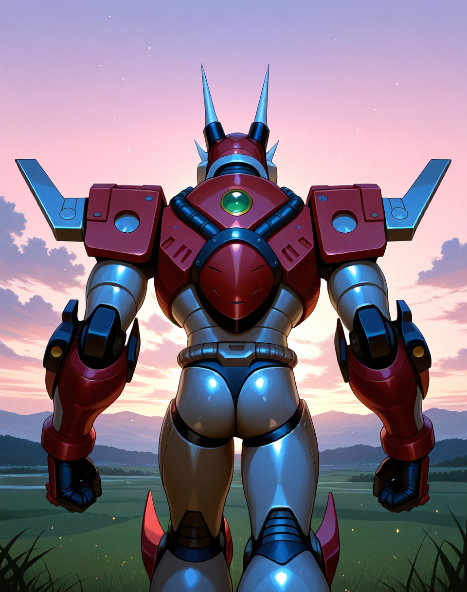 <lora:Magma_Dragoon_(Mega_Man_X)_(Illustrious)_(AD):1> Magma Dragoon, reploid, MMX, 
exterior, sky with clouds, grassy valley,
male focus, intense shadows, dynamic shadows, intricate details, attention to details, gradient coloring, bright vivid colors, robot, bent leg, glossy metal body, dragon, cowboy shot, back view, butt, 
BREAK very awe, masterpiece, best quality, amazing quality, very aesthetic, highres, absurdres, photographic realism, 8K CGI render,
EZRealPONYXL, zPDXL, Smooth Quality, lazynsfw,