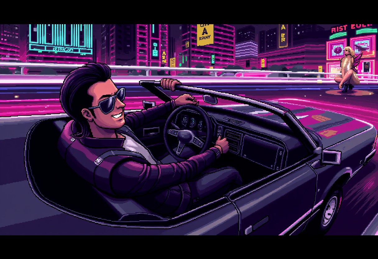 pixelart, ((cool man wearing a leather jacket,driving a convertible shiny black car)),relaxing,he is wearing sunglasses,and smiling confidently,smirk,black hair mullet,on the back seat is sitting a blonde beautiful woman wearing elegant clothes,closed eyes,happy smile, neon highway,retro city in the background with tall buildings,joy moment,driving at high speed,wind blowing,after image lights,