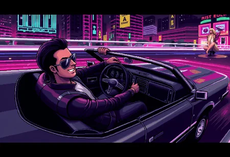 pixelart, ((cool man wearing a leather jacket,driving a convertible shiny black car)),relaxing,he is wearing sunglasses,and smiling confidently,smirk,black hair mullet,on the back seat is sitting a blonde beautiful woman wearing elegant clothes,closed eyes,happy smile, neon highway,retro city in the background with tall buildings,joy moment,driving at high speed,wind blowing,after image lights,