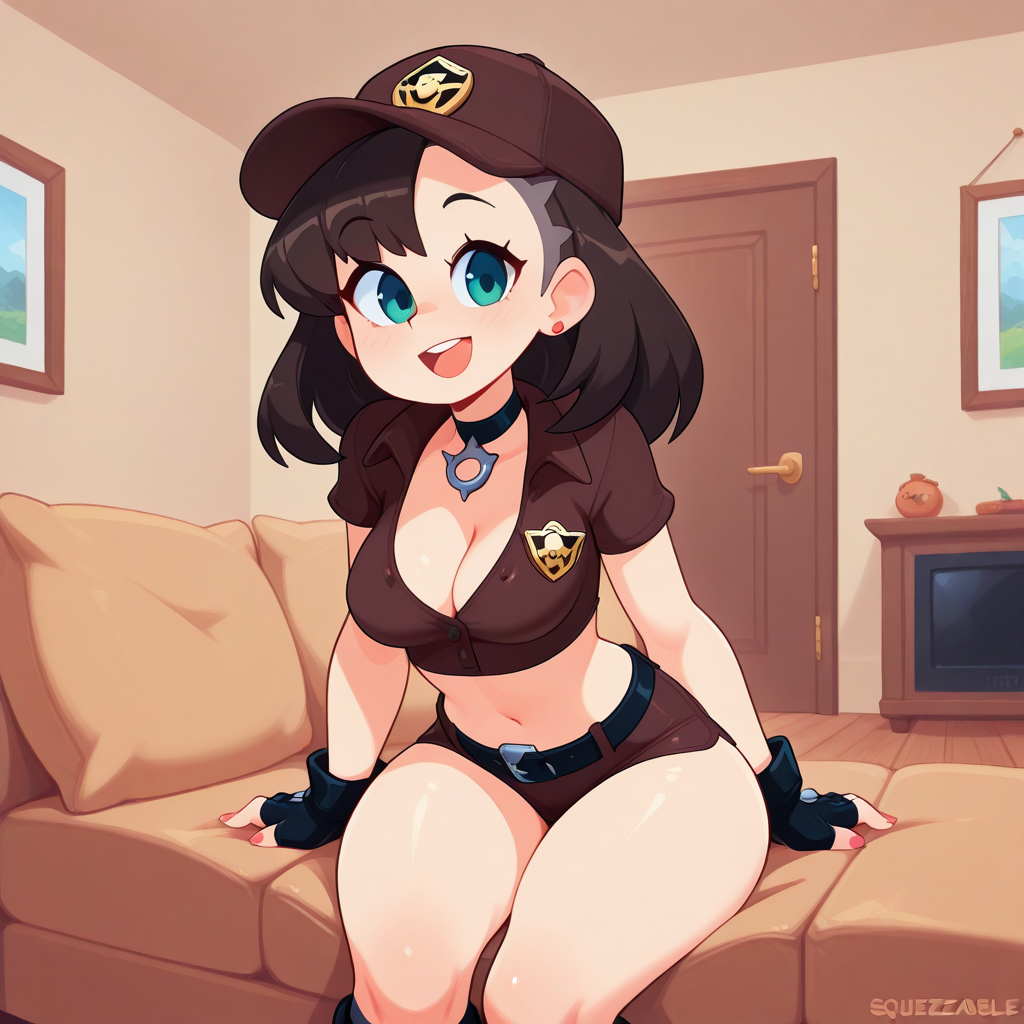 source_western, cowboy shot, (drawn by Scott Malin, drawn by Squeezable \(squeezabledraws\), drawn by Fizintine), marnie\(pokemon\), wide happy open mouth smile,
<lora:UPS_Delivery_Girl_Outfit_Illustrious:1>  USPgirl, dark brown hat with gold badge emblem, skin tight dark brown cropped short sleeve professional shirt with a gold badge emblem, cleavage, skin tight dark brown micro shorts, black fingerless gloves, belt, over knee black socks, boots, skin tight clothes, dark brown clothes, bare thighs, midriff, 
indoors, in a home living room,