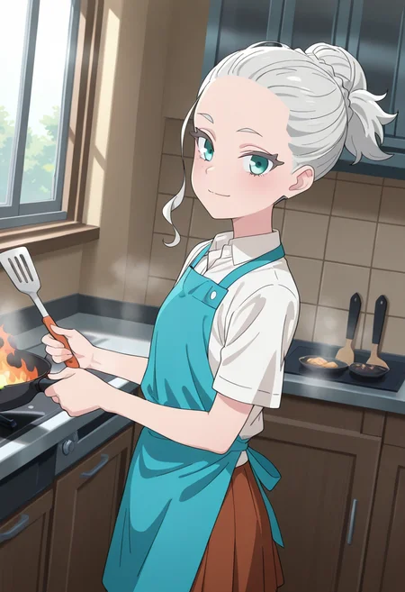 masterpiece,best quality,absurdres,perfect lighting,indoors,classroom,window,kitchen,cooking,frying pan,spatula,smoke,fire,from side,
*//*,<lora:HealerGirl_Sonia_Yanagi-Illustrious:1>,sonia_yanagi,1girl,solo,grey hair,aqua eyes,forehead,white shirt,short sleeves,collared shirt,blue apron,brown skirt,pleated skirt,
*//*,looking at viewer,cowboy shot,dutch angle,dynamic pose,light smile,