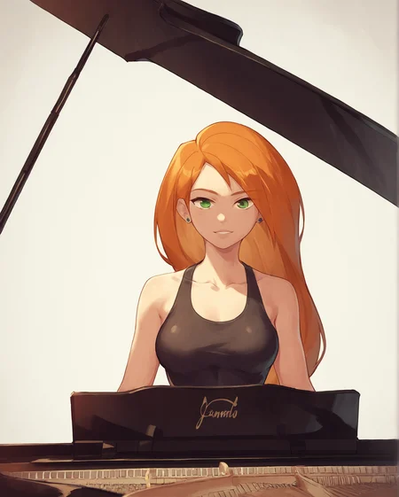 score_9, score_8_up, score_7_up, source_cartoon BREAK 1girl, solo, Kim Possible, long hair, orange hair, green eyes, looking down, playing_piano_front_view, piano, simple background, smile, <lora:Playing_piano_front_view:1>, rating_questionable