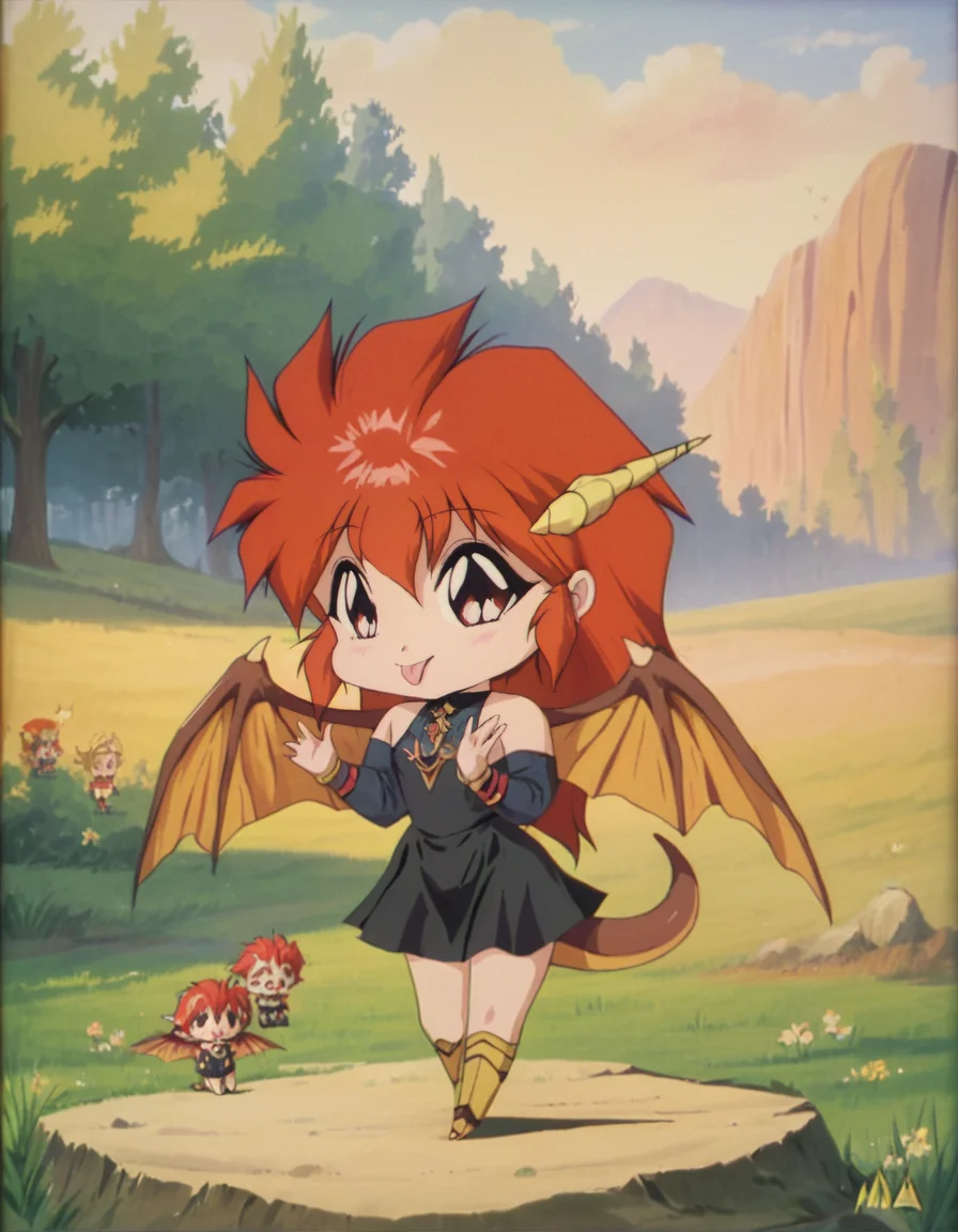 score_9, score_8_up, score_7_up,
m1nk, long black dress,
dragon wings, dragon tail,
happy, cute, ((chibi)), tongue out,
detailed background,outdoors,
retro artstyle, 1990s \(style\)
<lora:mink:1>