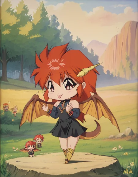 score_9, score_8_up, score_7_up,
m1nk, long black dress,
dragon wings, dragon tail,
happy, cute, ((chibi)), tongue out,
detailed background,outdoors,
retro artstyle, 1990s \(style\)
 <lora:mink:1>