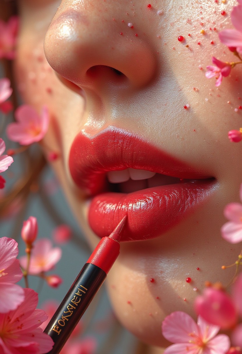 Midjourney_Whisper,A close-up of a woman's lips being outlined with a luxurious red lip liner. As the pencil touches her lips, vibrant flowers and delicate petals bloom from the drawn contour, symbolizing beauty and growth. The flowers are soft pinks, reds, and whites, blending harmoniously with the natural lip color. The scene is highly detailed, with a focus on the soft texture of the lips and the rich, smooth line being drawn by the pencil. The background is softly blurred, drawing attention to the blooming effect around the lips, while the lip liner, with the brand name 'SAYEAH' clearly visible,