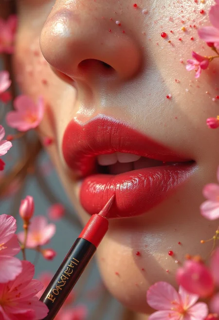 Midjourney_Whisper,A close-up of a woman's lips being outlined with a luxurious red lip liner. As the pencil touches her lips, vibrant flowers and delicate petals bloom from the drawn contour, symbolizing beauty and growth. The flowers are soft pinks, reds, and whites, blending harmoniously with the natural lip color. The scene is highly detailed, with a focus on the soft texture of the lips and the rich, smooth line being drawn by the pencil. The background is softly blurred, drawing attention to the blooming effect around the lips, while the lip liner, with the brand name 'SAYEAH' clearly visible,