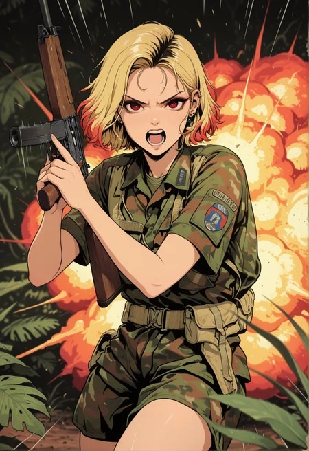 masterpiece, best quality, good quality, very aesthetic, absurdres, newest, 8K, depth of field, focused subject, 1girl in the Vietnam War in the 1970, in a jungle, big trees, plant life, 1girl, solo, blonde hair, ear piercing, red eyes, earrings, multicolored hair, barbell piercing, girl wearing camouflage military garb, holding rifle, trigger discipline, cowboy shot, looking at the viewer, mouth open, girl shouting, girl fully in the shot, girl running really fast toward the screen, (intense motion lines, explosions in the background:1.3),
,in the style of cksc,
<lora:ck-shadow-circuit-IL:1>
 <lora:MoriiMee_Gothic_Niji_Style_Illustrious_r1:0.4>