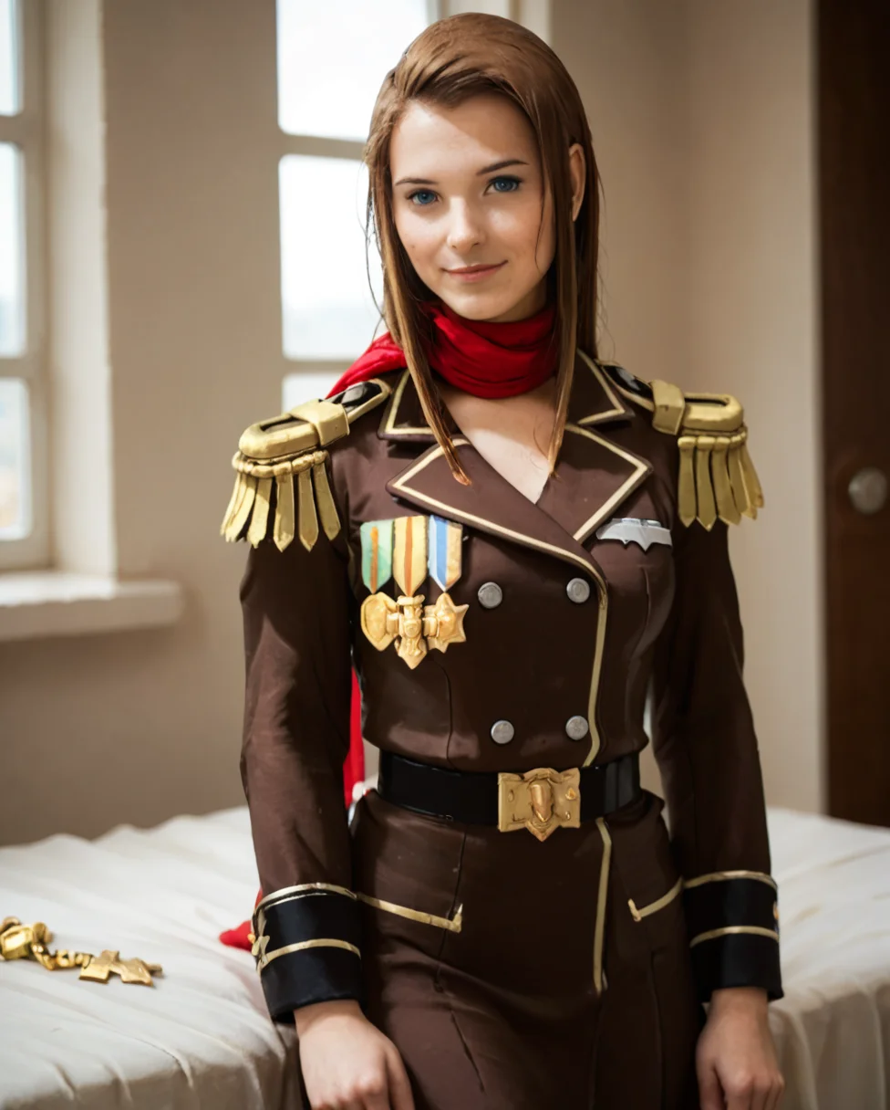 score_9, score_8_up, score_7_up, Lana Skye, 1girl, solo, brown hair, long hair, straight hair, parted hair, blue eyes,military uniform, medals, epaulettes, gold trim, brown uniform, long sleeves, military jacket, belt, red scarf, skirt, depth of field, highly detailed, high contrast, film grain, rim lighting,american shot, full body,messy bedroom,detailed hair,detailed eyes,head tilt, smile,happy,looking at viewer,large breasts,window, <lora:Hand pony style v1:1> <lora:Lana_Skye-000006:1>