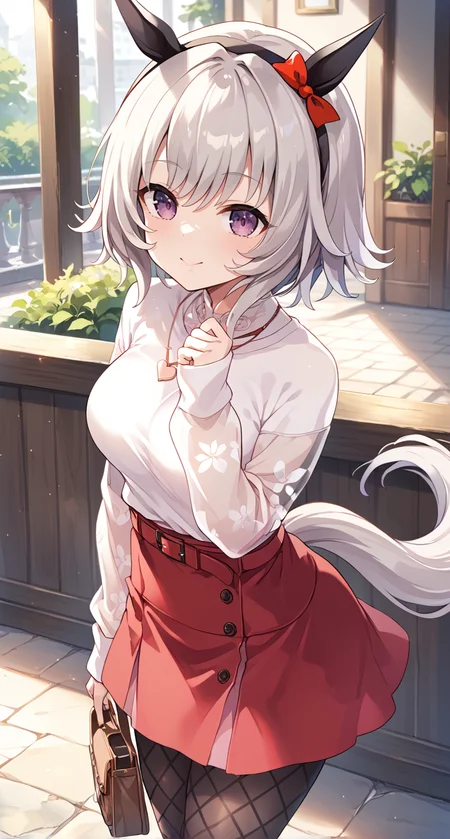 score_9,score_8_up,score_7_up,
official art,official style,game cg,megami magazine,
uncensored,
1girl,
crc casual, curren chan (umamusume),
animal ears, belt, black pantyhose, blush, bow, ear bow, ear covers,
fishnet pantyhose, fishnets, grey hair, hair between eyes, horse ears, horse girl,
pantyhose, purple eyes, red belt, red bow, red skirt, short hair, skirt,
sweater, white sweater, bangs, black hairband, eyebrows visible through hair,
hairband, highres, horse tail, long sleeves, see-through, see-through sleeves,
shirt, tail, violet eyes, sleeves past wrists, black legwear,
eyebrows behind hair, hair ribbon, headband, ribbon, silver hair,
jewelry, necklace, heart necklace,
standing,
<lora:umamusume_curren_chan_pony_v1.1:1>,