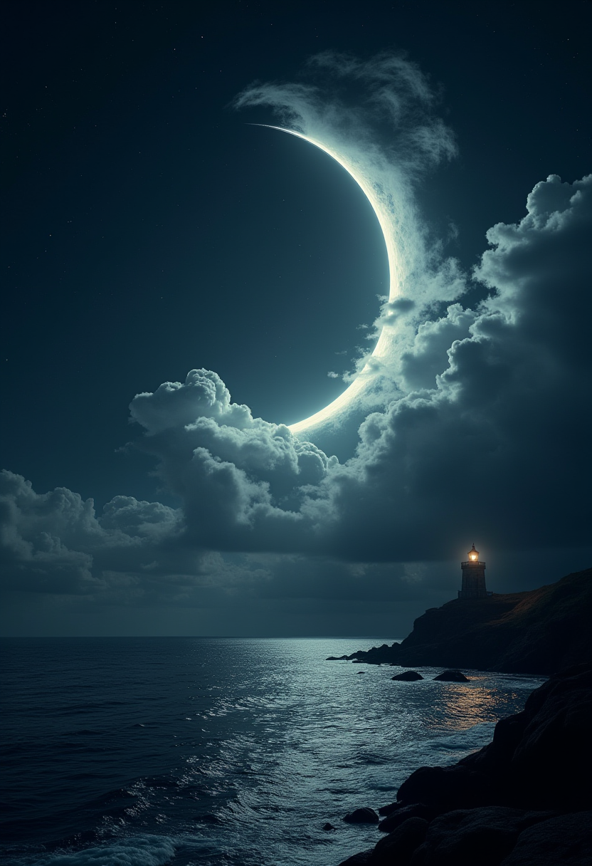 A masterpiece of wane style created by the collaboration of H.R. Giger and Friedrich Stuhl.    In this photo, the concept of "wane" is depicted through a striking and ethereal scene. The foreground showcases a crescent moon that appears almost like a thin sliver in the night sky, emphasizing its waning phase. Surrounding the moon are wispy clouds that seem to emanate from it, as if the moon is exhaling a gentle, glowing mist.In the background, a vast expanse of darkened clouds rolls over a tranquil sea, with only a few stars twinkling intermittently. The water reflects the diminishing light of the waning moon, creating ripples and waves that shimmer faintly under the remaining lunar glow. A lone, ancient lighthouse stands on a rocky promontory, its beacon still flickering, casting long shadows over the tranquil waters.The overall atmosphere is one of quiet beauty and a sense of something fading away, encapsulating the essence of "wane" in both its literal astronomical meaning and a broader metaphorical sense.    HD32K, hyperdetailed, best quality, midjourneyv6.1.