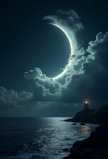 A masterpiece of wane style created by the collaboration of H.R. Giger and Friedrich Stuhl. In this photo, the concept of "wane" is depicted through a striking and ethereal scene. The foreground showcases a crescent moon that appears almost like a thin sliver in the night sky, emphasizing its waning phase. Surrounding the moon are wispy clouds that seem to emanate from it, as if the moon is exhaling a gentle, glowing mist.In the background, a vast expanse of darkened clouds rolls over a tranquil sea, with only a few stars twinkling intermittently. The water reflects the diminishing light of the waning moon, creating ripples and waves that shimmer faintly under the remaining lunar glow. A lone, ancient lighthouse stands on a rocky promontory, its beacon still flickering, casting long shadows over the tranquil waters.The overall atmosphere is one of quiet beauty and a sense of something fading away, encapsulating the essence of "wane" in both its literal astronomical meaning and a broader metaphorical sense. HD32K, hyperdetailed, best quality, midjourneyv6.1.