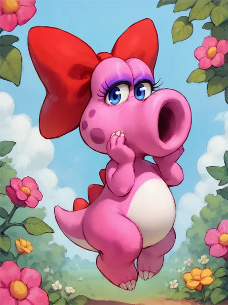 <lora:BirdoPony1.0:1> eyelashes, red bow, pink skin, dinosaur, open mouth, solo, no humans, full body, hair bow, blue eyes, makeup, looking at viewer, score_9, score_8_up, score_7_up, score_6_up