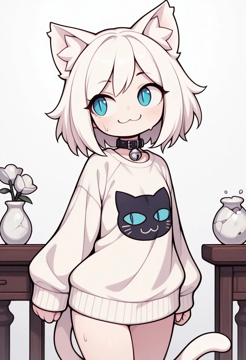 1 girl , cat girl , slender , cat ear , cat tail , big oversize sweater , long sleeves overhand , bottomless , bottom heavy , white hair , white fur , cat collar , blue eye , animal ears, :3, animal ear fluff, slit pupils , looking away from viewer , Sweat smile , closed mouth , broken vase ,
HDR, 8K, masterpiece, best quality, amazing quality, very aesthetic, high resolution, ultra-detailed, absurdres, CartoonyIllustrious,