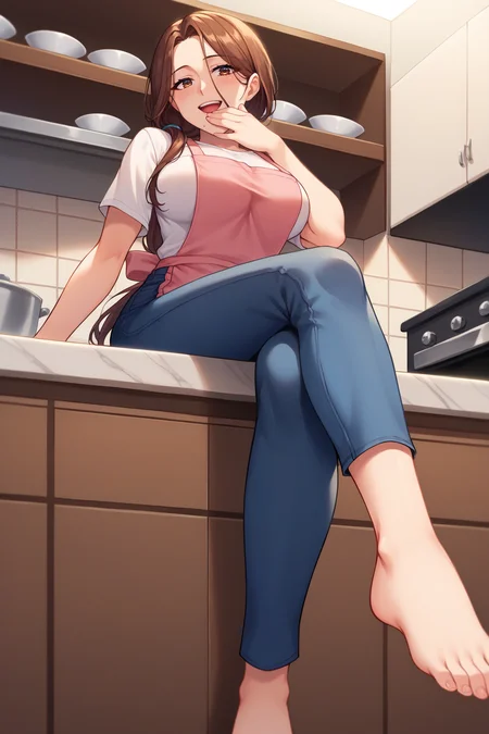 score_9, score_8_up, score_7_up, source_anime, 1girl, prefect lighting, very aesthetic, intricate details, highly detailed background, masterpiece, high quality, prefect hands, best quality, solo,
<lora:Yumiko_Kimura_Tsuma_ni_Damatte_Sokubaikai_ni_Ikun_ja_Nakatta_V1:.85>, KJOyumiko, long hair, brown eyes, mole under mouth, brown hair, low ponytail, hair over shoulder, 
pink apron, white shirt, blue jeans, 
hand over mouth, smile, open open mouth, head tilt, blush, barefoot, sitting on counter, crossed legs, from below, 
kitchen, counter, 
(Beautiful, large Breasts:1.2), natural breasts,