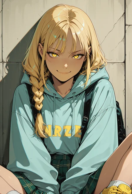 embedding:IllusP0s, codex sss chroma
1girl, solo, upper_body, sitting, looking_at_viewer, school_uniform, hoodie, skirt, plaid_skirt, sneakers, backpack, blonde_hair, braid, yellow_eyes, smirk, socks, light_blue_hoodie, green_skirt, yellow_sneakers, wall